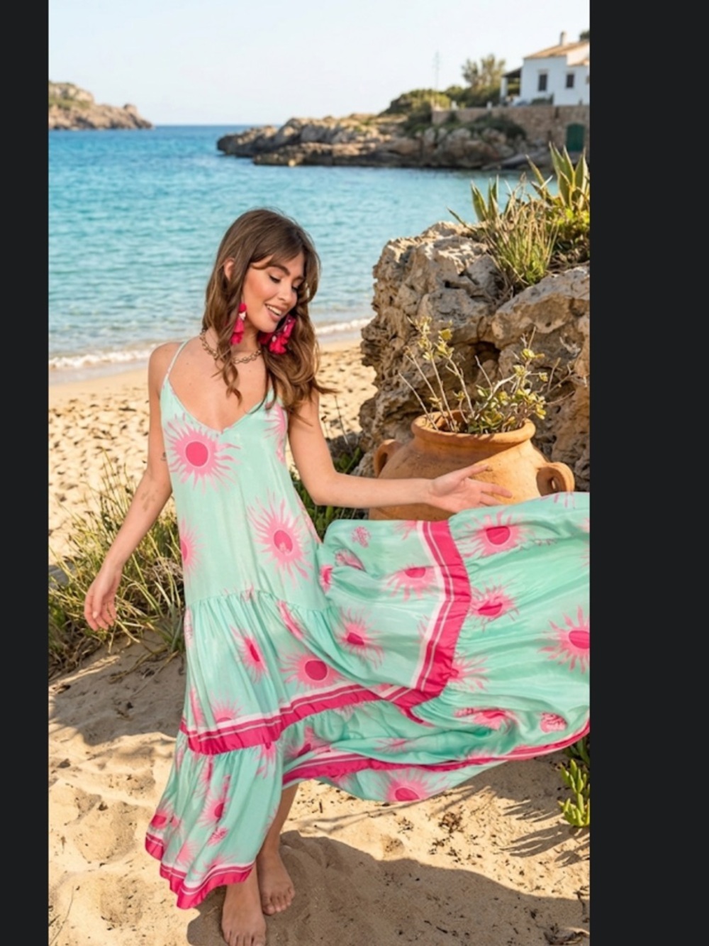 Antica Sartoria 2026 Aqua strappy Maxi Dress with Pink Sunburst Print NWT L/XL